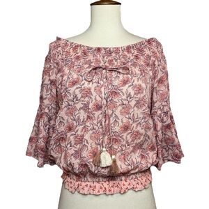 Chelsea & Violet Boho Pink Floral Off Shoulder Top Tassel Ties 3/4 Sleeve Size S
